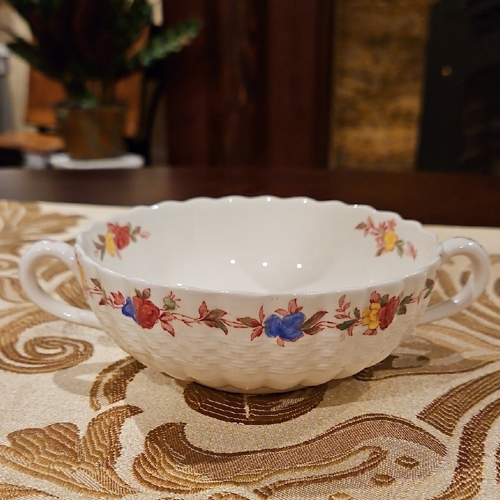 Beautiful Spode Wicker Rose Cream Soup Bowl with Double Handles